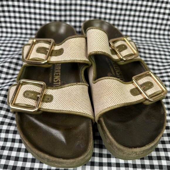Birkenstock 1774 Arizona French Piping Olive Canvas Neutral Women's EU 37 / US 6 - Picture 3 of 4
